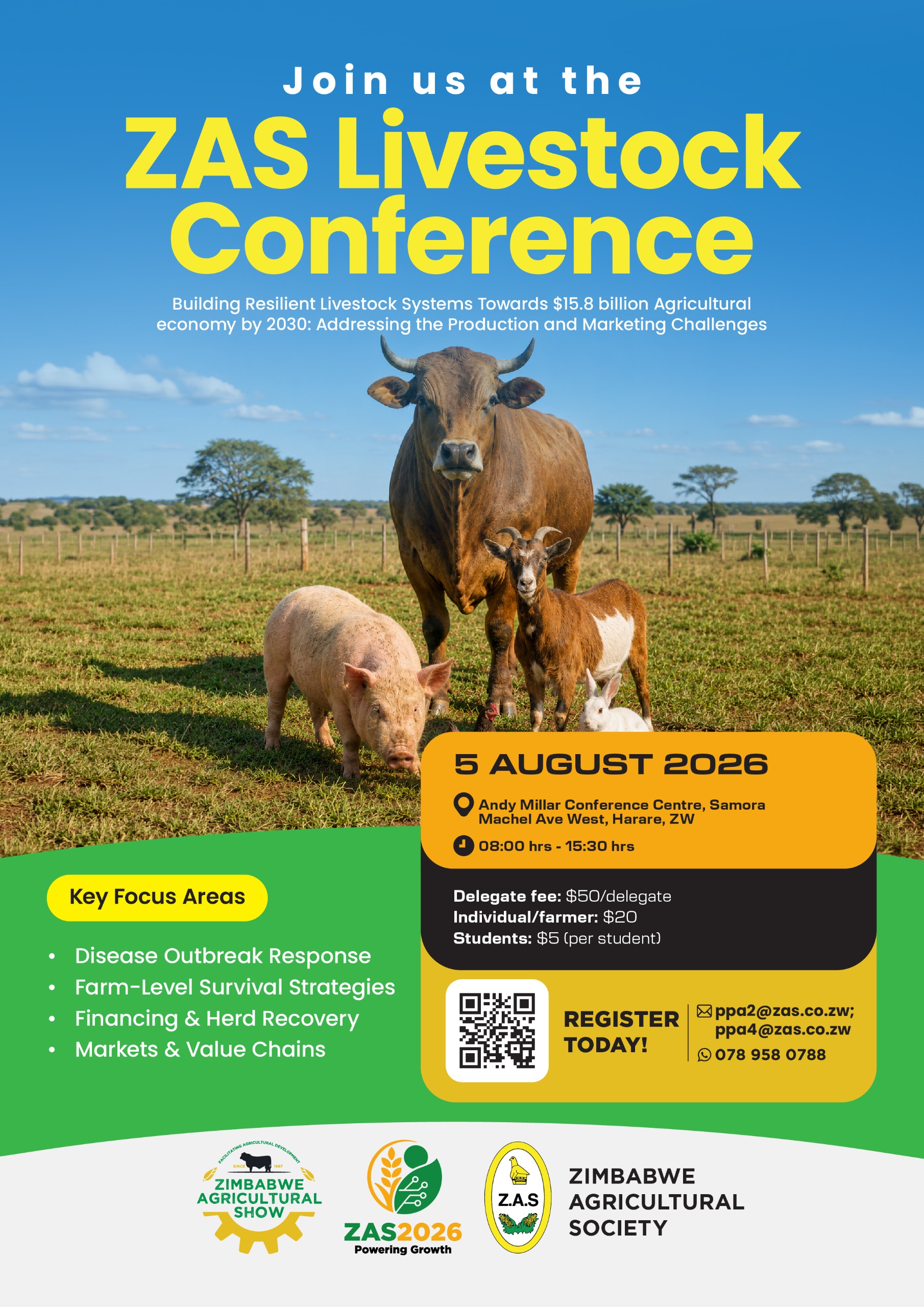 ZAS Livestock Conference flyer with conference details for 5 August