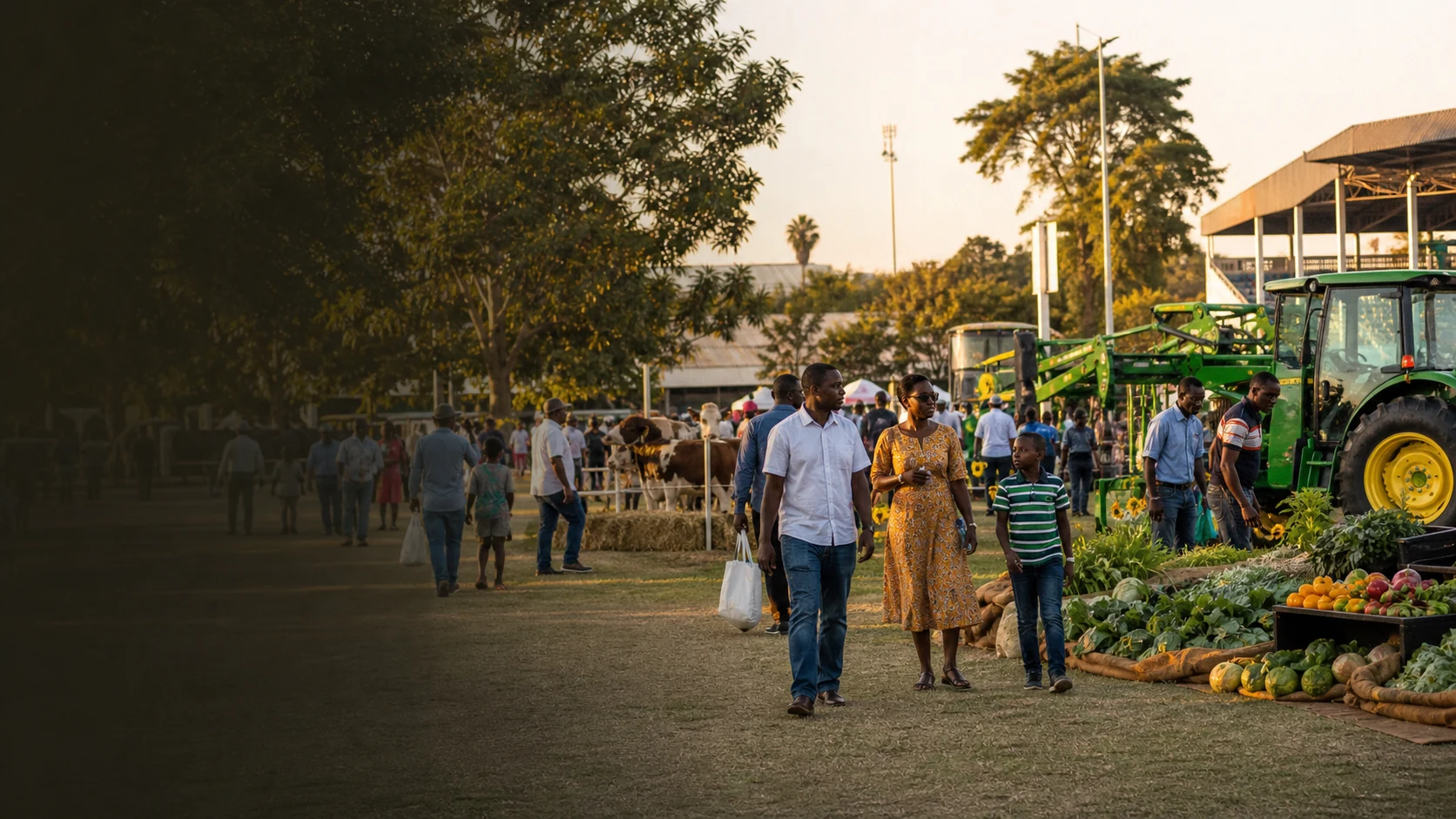 Zimbabwean families, farmers, livestock and agricultural equipment at a national agricultural gathering